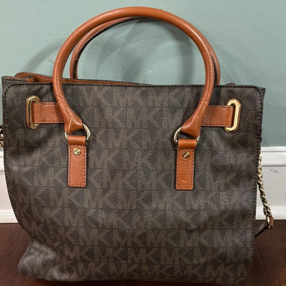 Michael Kors Collection Brown and Tan Monogram Tote with Gold Hardware